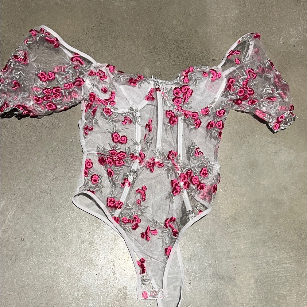 Floral Sheer Bodysuit with Pink Embroidery